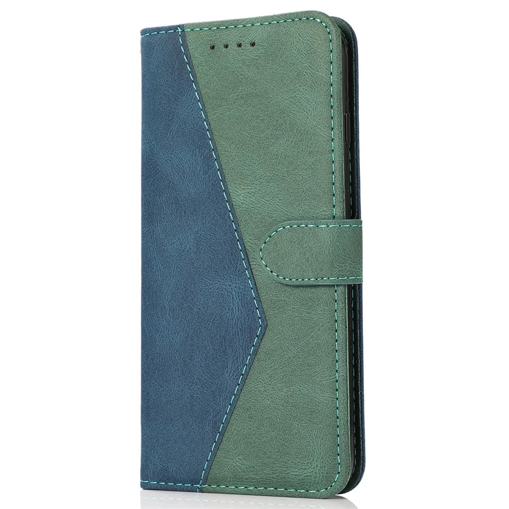 For iPhone 16 Pro Wallet Case Splicing Color Leather Phone Cover Credit Card Holder - Blue+Green - 5