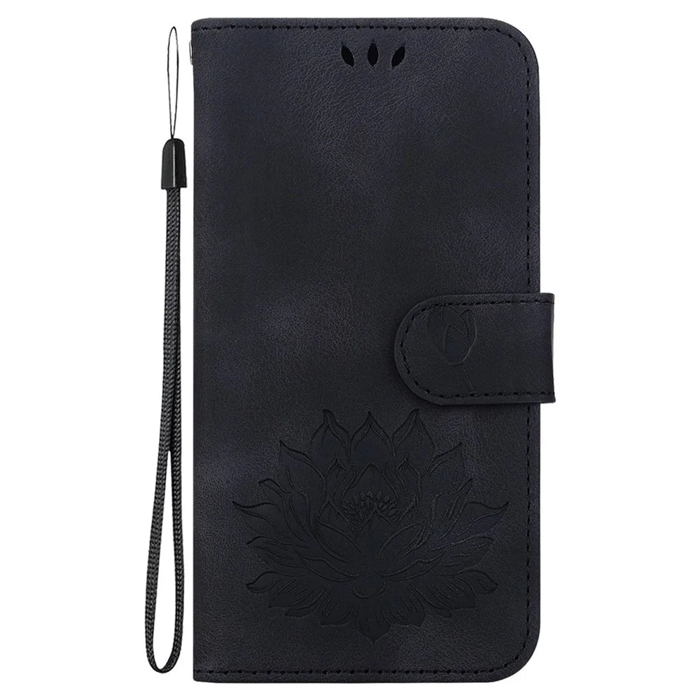 PU Leather Phone Cover for Samsung Galaxy S24 FE Phone Stand Case Imprinted Lotus Pattern Wallet Shell - Black - 7
