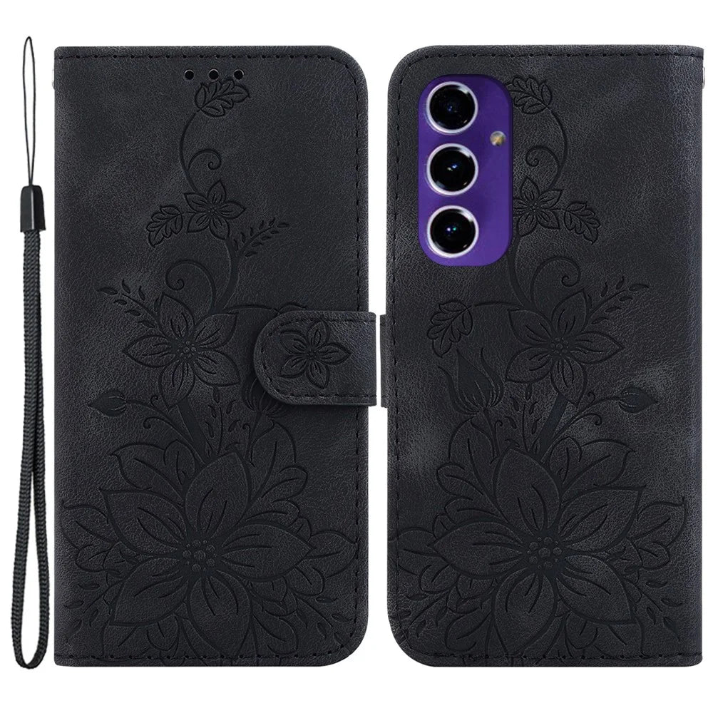 For Samsung Galaxy S24 FE Mobile Phone Stand Case PU Leather Wallet Phone Cover with Imprinted Flower Pattern - Black - 1