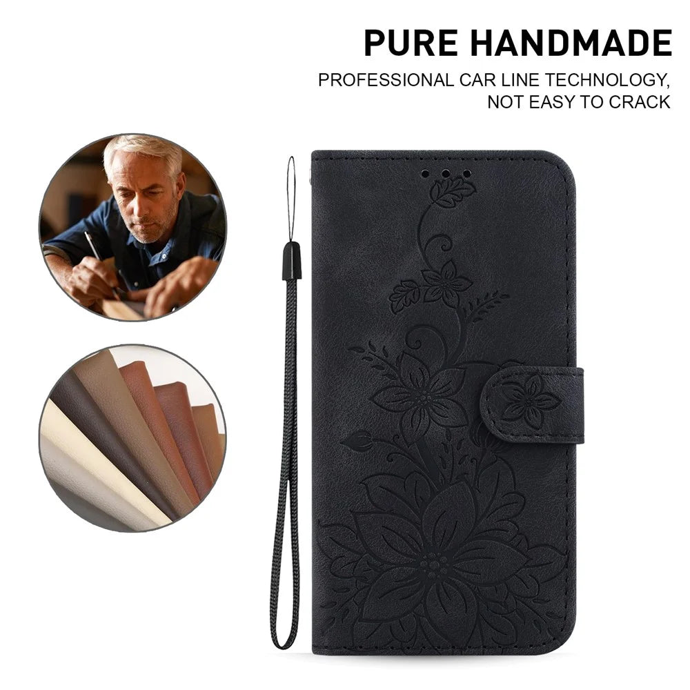For Samsung Galaxy S24 FE Mobile Phone Stand Case PU Leather Wallet Phone Cover with Imprinted Flower Pattern - Black - 5