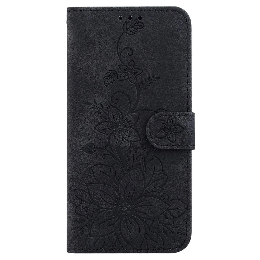 For Samsung Galaxy S24 FE Mobile Phone Stand Case PU Leather Wallet Phone Cover with Imprinted Flower Pattern - Black - 6