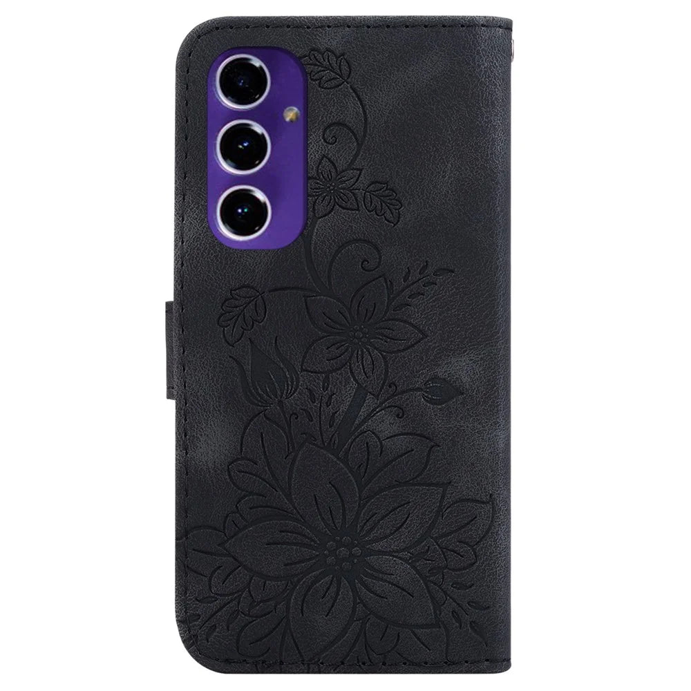 For Samsung Galaxy S24 FE Mobile Phone Stand Case PU Leather Wallet Phone Cover with Imprinted Flower Pattern - Black - 7
