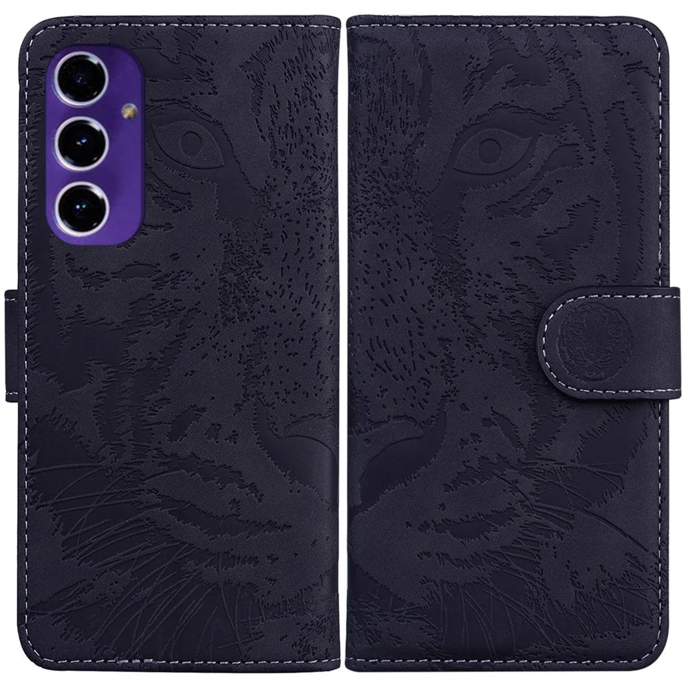 For Samsung Galaxy S24 FE Mobile Phone Stand Case PU Leather Wallet Phone Cover with Imprinted Tiger - Black - 1