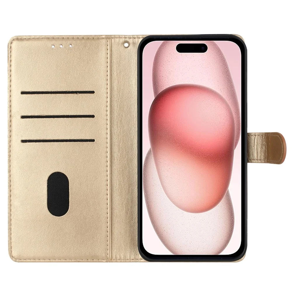 For iPhone 16 Plus Case Butterfly Flower Imprint Wallet Leather Phone Cover with Stand - Gold - 2