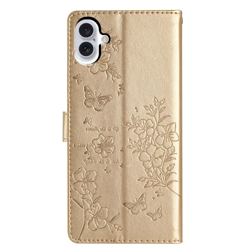 For iPhone 16 Plus Case Butterfly Flower Imprint Wallet Leather Phone Cover with Stand - Gold - 6