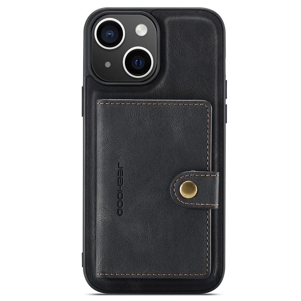 JEEHOOD J01 For iPhone 15 Plus Case Leather Back Cover Detachable Magnetic Card Holder - Black - 2