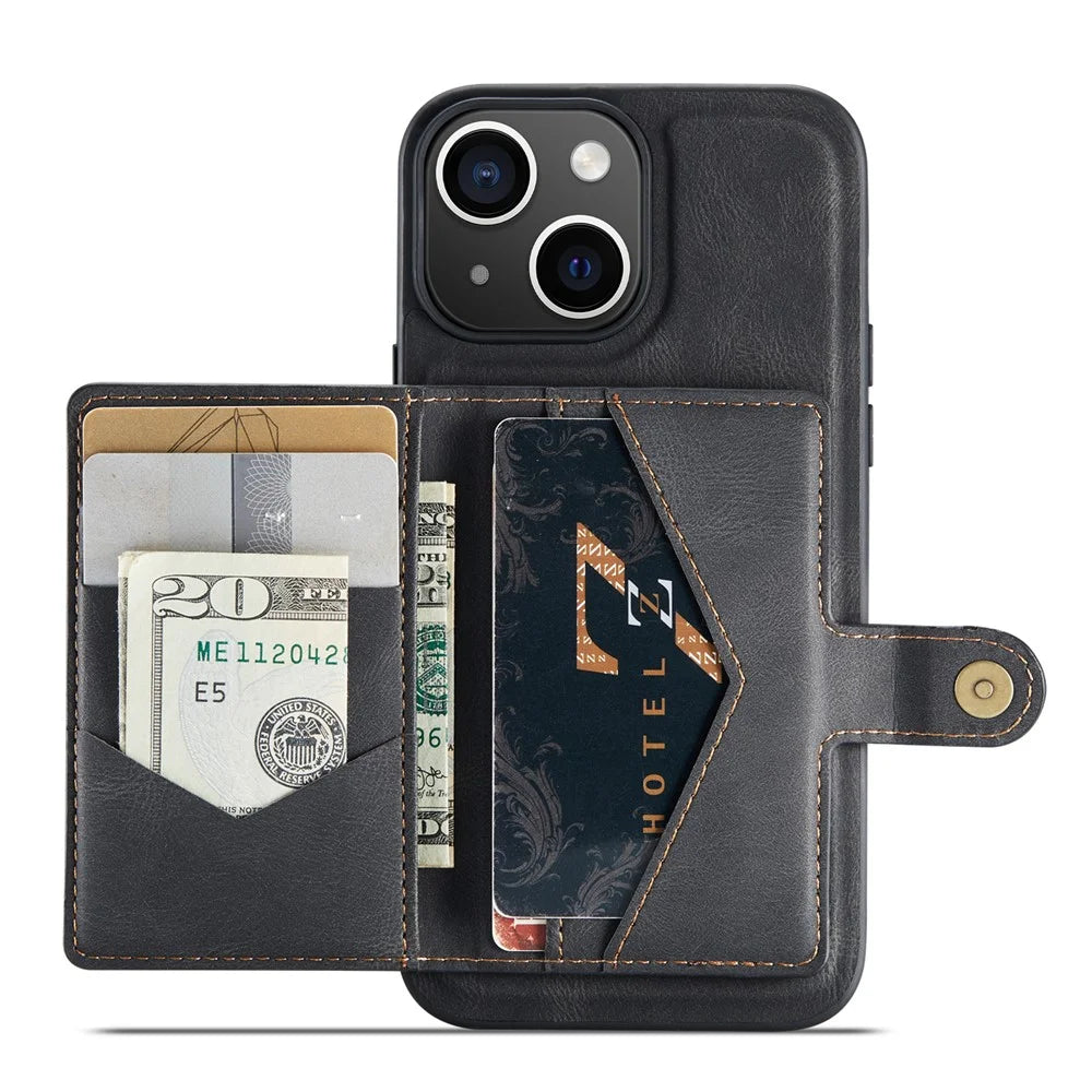 JEEHOOD J01 For iPhone 15 Case Card Bag Kickstand Leather Coated TPU Phone Cover - Black - 3