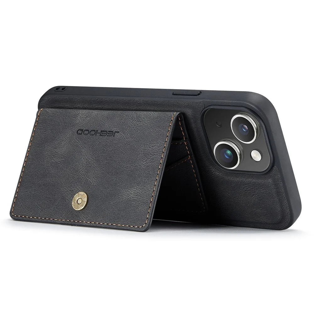 JEEHOOD J01 For iPhone 15 Case Card Bag Kickstand Leather Coated TPU Phone Cover - Black - 4