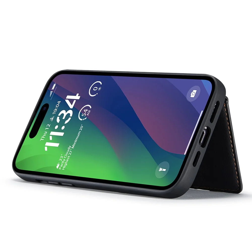 JEEHOOD J01 For iPhone 15 Case Card Bag Kickstand Leather Coated TPU Phone Cover - Black - 5