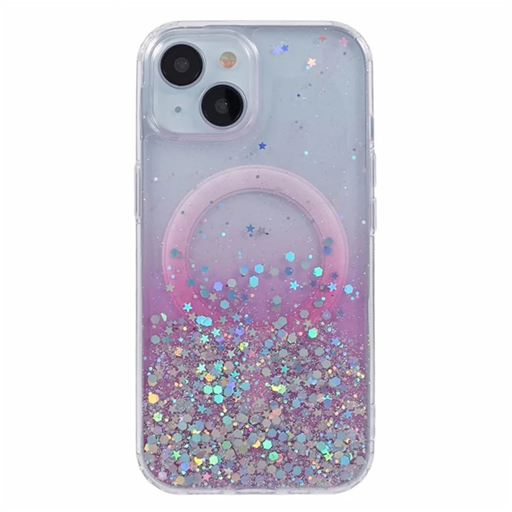 WANLONFENG JWT Series For iPhone 14 Glitter Sequin TPU+Acrylic Magnetic Phone Case with Screen Film + Lens Film - Pink - 2