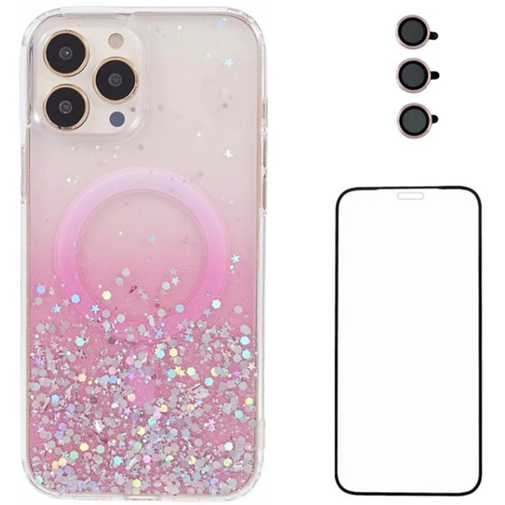 WANLONFENG JWT Series For iPhone 12 Pro Glitter Sequin TPU+Acrylic Magnetic Phone Case with Screen Film + Lens Film - Pink - 1