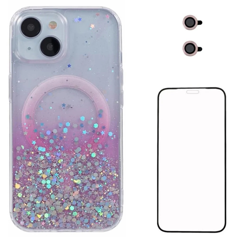WANLONFENG JWT Series For iPhone 13 Glitter Sequin TPU+Acrylic Magnetic Phone Case with Screen Film + Lens Film - Pink - 1