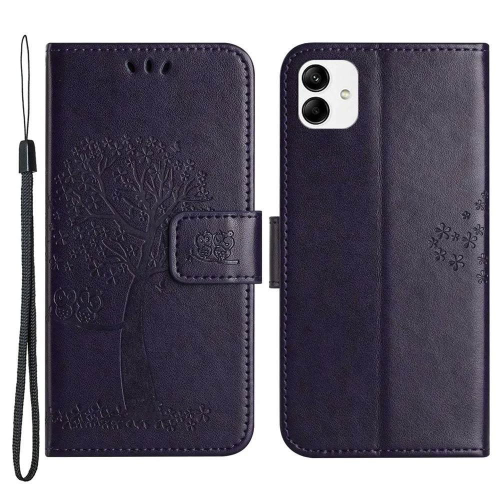 For Samsung Galaxy A04 4G (164.4 x 76.3 x 9.1 mm) / M13 5G Anti-fall PU Leather Phone Case Imprinted Owl Tree Pattern Flip Wallet Cover Stand - Dark Purple - 1