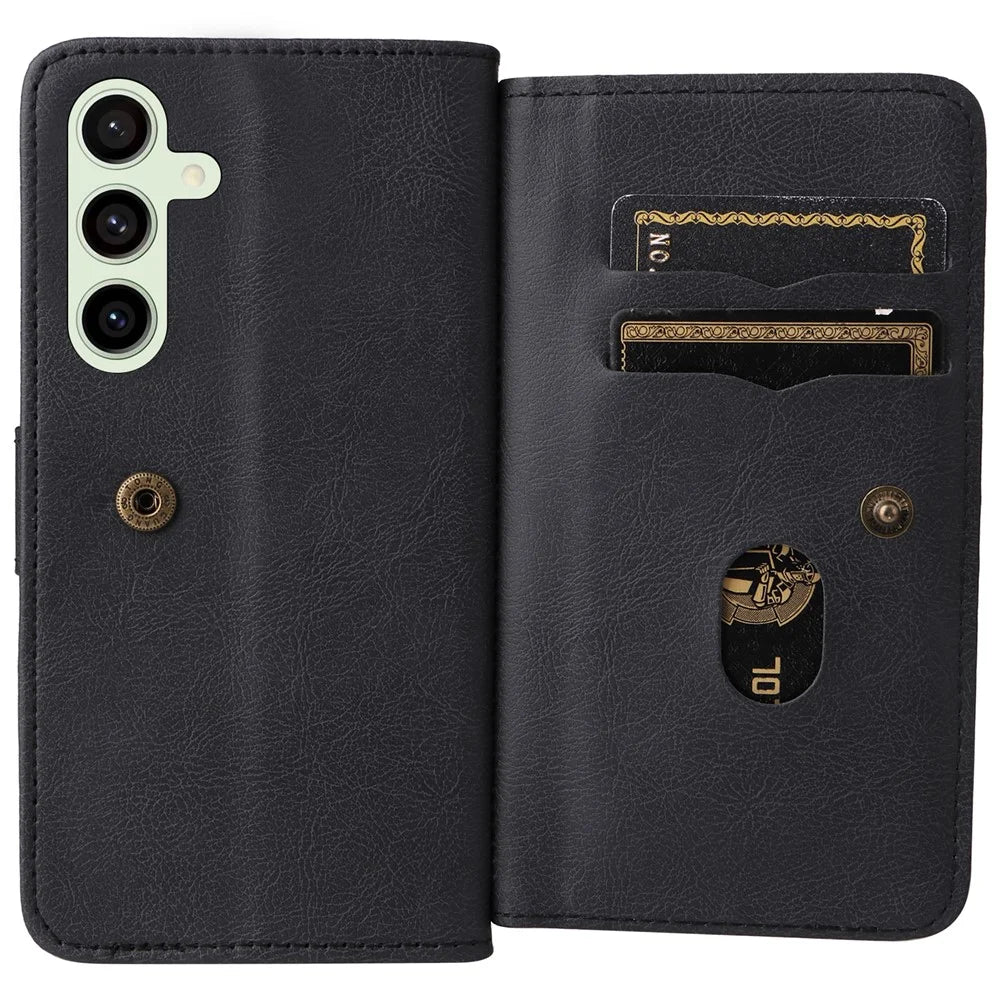 For Samsung Galaxy S24 FE Leather Case with 10 Card Holder Phone Cover Stand - Black - 5