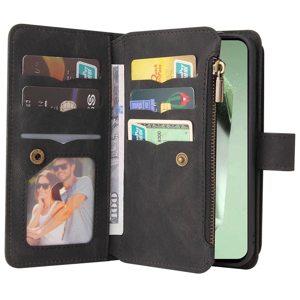 For Samsung Galaxy S24 FE Zipper Wallet Case with 15 Card Slots and Strap Leather Phone Cover - Black - 3