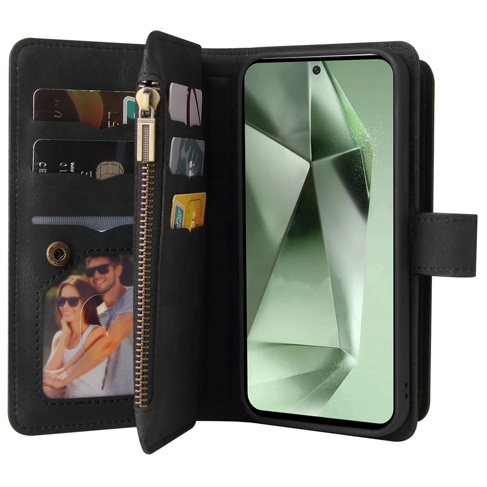 For Samsung Galaxy S24 FE Zipper Wallet Case with 15 Card Slots and Strap Leather Phone Cover - Black - 4