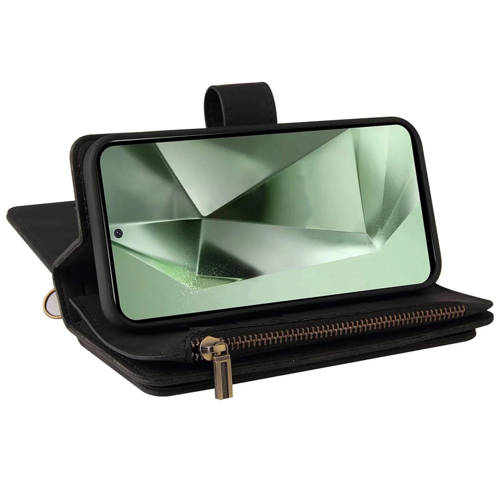 For Samsung Galaxy S24 FE Zipper Wallet Case with 15 Card Slots and Strap Leather Phone Cover - Black - 7