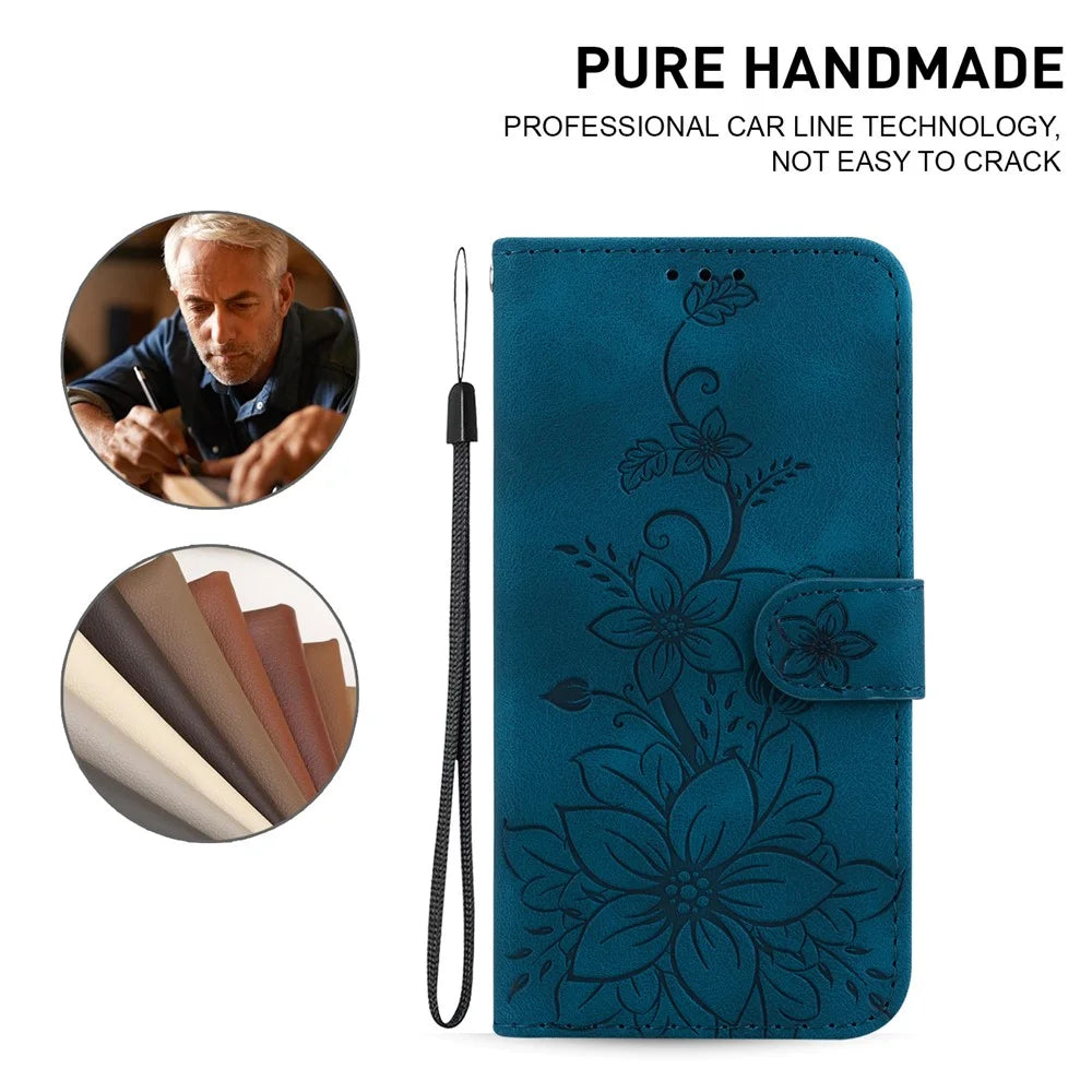 For iPhone 16 Pro Max Wallet Case PU Leather Phone Cover Flower Imprinted - Dark Blue - 5
