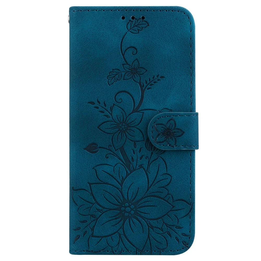 For iPhone 16 Pro Max Wallet Case PU Leather Phone Cover Flower Imprinted - Dark Blue - 6
