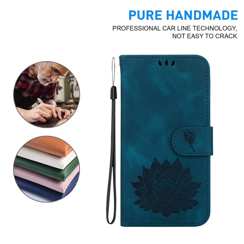 For iPhone 16 Pro Phone Case Lotus Imprint Leather Stand Wallet Cover - Blue - 4