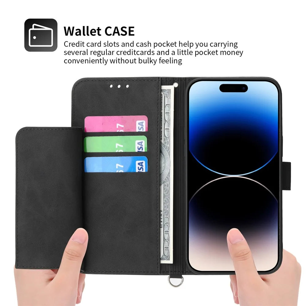 For iPhone 16 Plus Leather Case Multiple Card Slots Phone Cover with 2 Straps - Black - 3