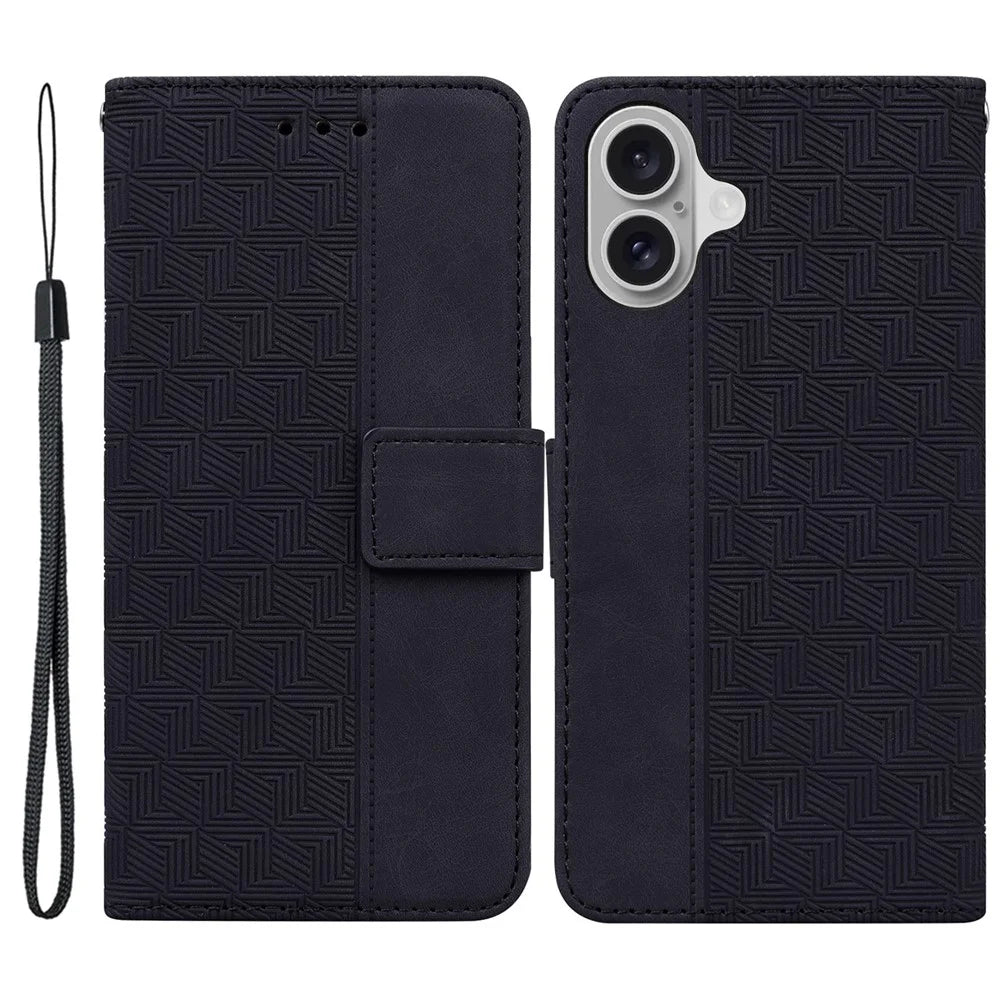 For iPhone 16 Case PU Leather Geometry Imprint Wallet Phone Cover - Black - 1