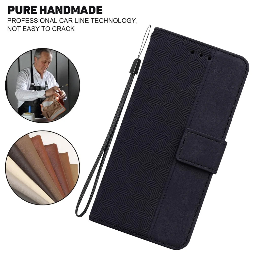 For iPhone 16 Case PU Leather Geometry Imprint Wallet Phone Cover - Black - 4