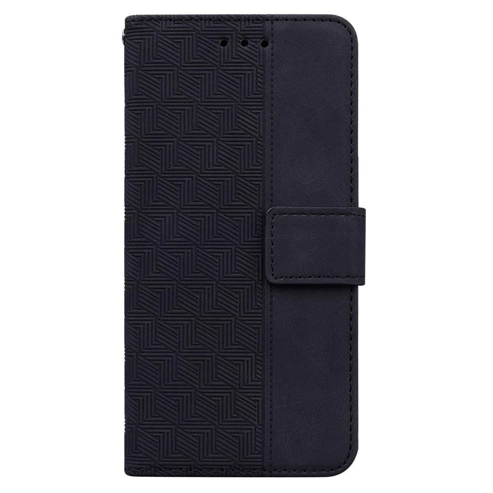 For iPhone 16 Case PU Leather Geometry Imprint Wallet Phone Cover - Black - 6