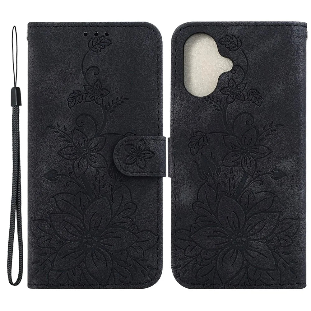 For iPhone 16 Wallet Case PU Leather Phone Cover Flower Imprinted - Black - 1