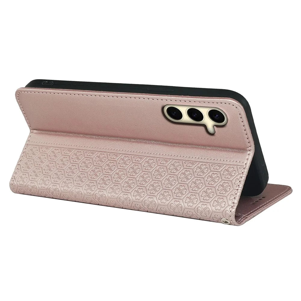 For Samsung Galaxy S24 FE Case Four-Leaf Clover Leather Phone Cover Flip Stand View - Rose Gold - 4