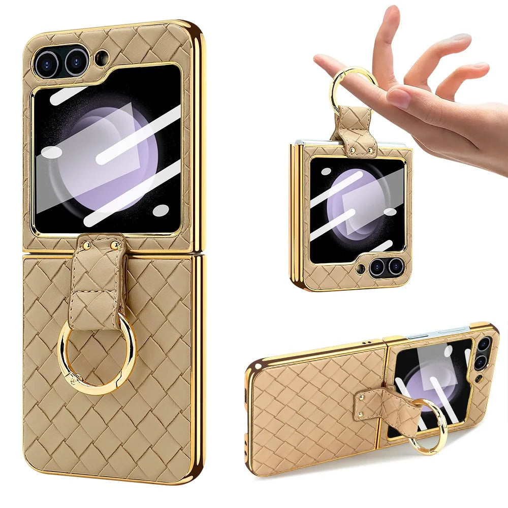 For Samsung Galaxy Z Flip5 5G Case Woven Texture Leather+PC Kickstand Phone Cover with Back Film - Gold - 2