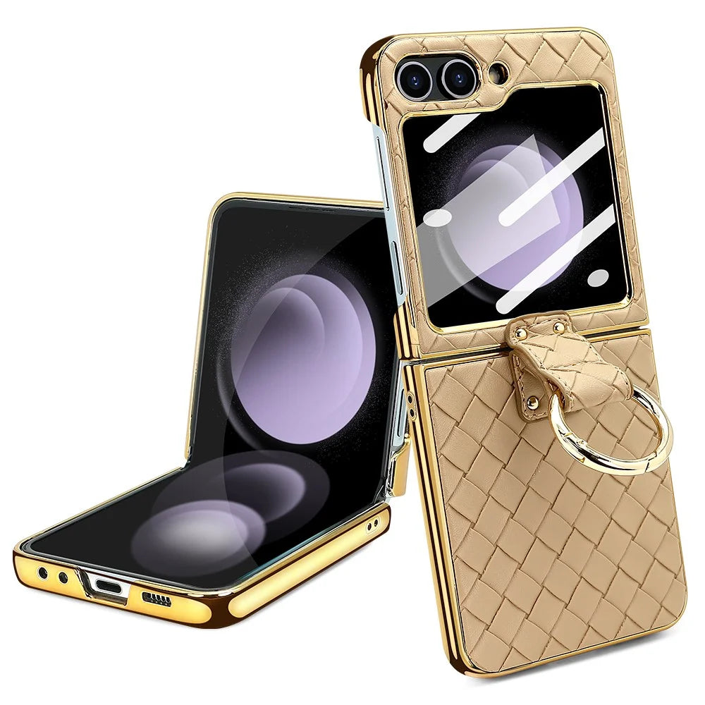 For Samsung Galaxy Z Flip5 5G Case Woven Texture Leather+PC Kickstand Phone Cover with Back Film - Gold - 4