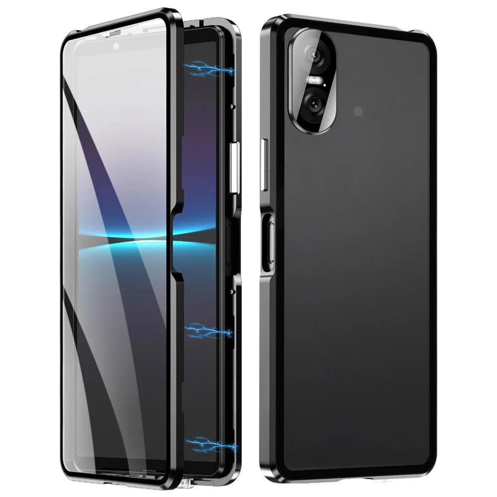 For Sony Xperia 10 VI Tempered Glass Case Metal Frame Clear PC Back Magnetic Phone Cover - Black - 1