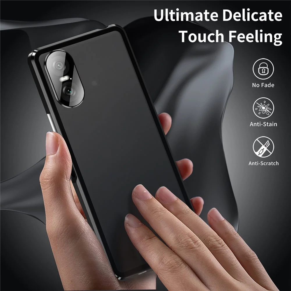 For Sony Xperia 10 VI Tempered Glass Case Metal Frame Clear PC Back Magnetic Phone Cover - Black - 2