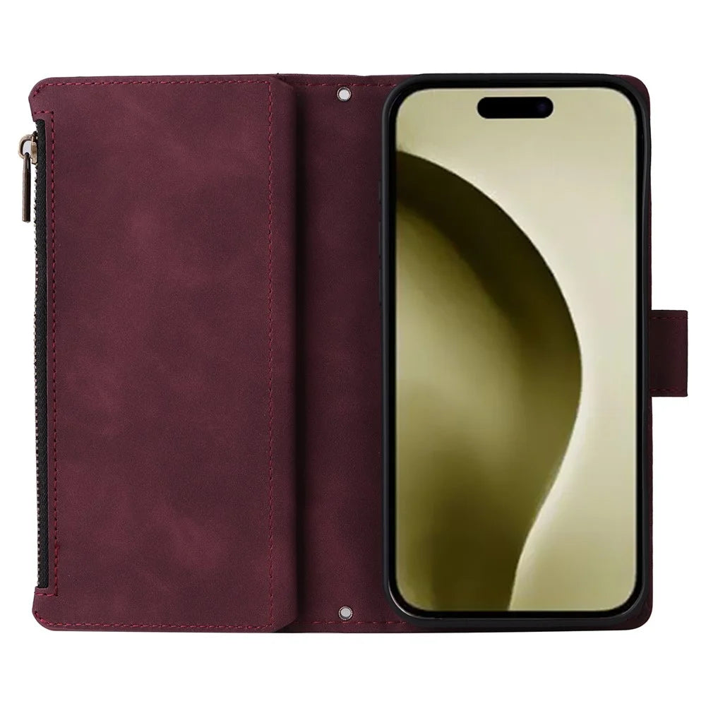 For iPhone 16 Pro Case Zipper Multi-Pocket Wallet Leather Phone Cover with Shoulder and Wrist Straps - Wine Red - 2