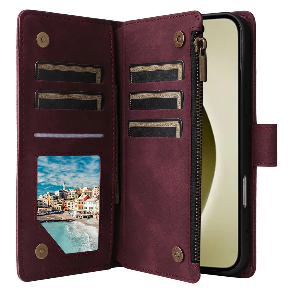 For iPhone 16 Pro Case Zipper Multi-Pocket Wallet Leather Phone Cover with Shoulder and Wrist Straps - Wine Red - 3