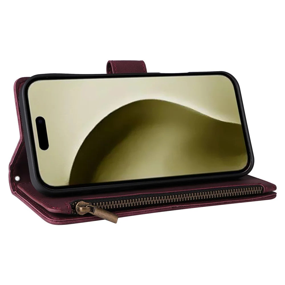 For iPhone 16 Pro Case Zipper Multi-Pocket Wallet Leather Phone Cover with Shoulder and Wrist Straps - Wine Red - 4
