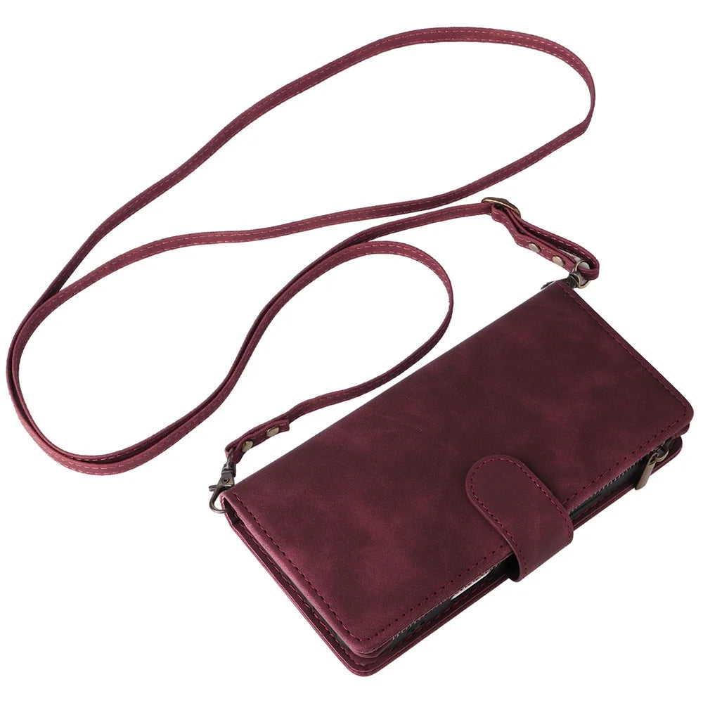 For iPhone 16 Pro Case Zipper Multi-Pocket Wallet Leather Phone Cover with Shoulder and Wrist Straps - Wine Red - 6