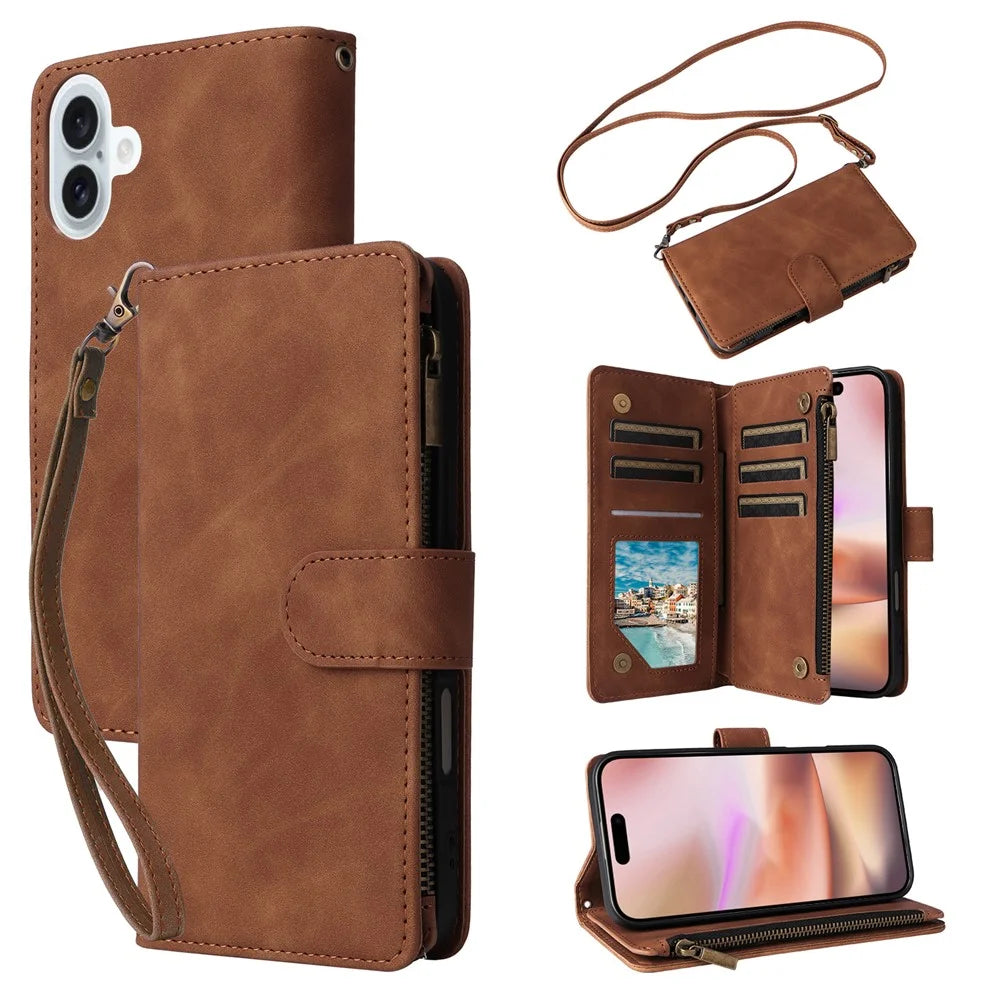 For iPhone 16 Plus Case Zipper Multi-Pocket Wallet Leather Phone Cover with Shoulder and Wrist Straps - Brown - 1