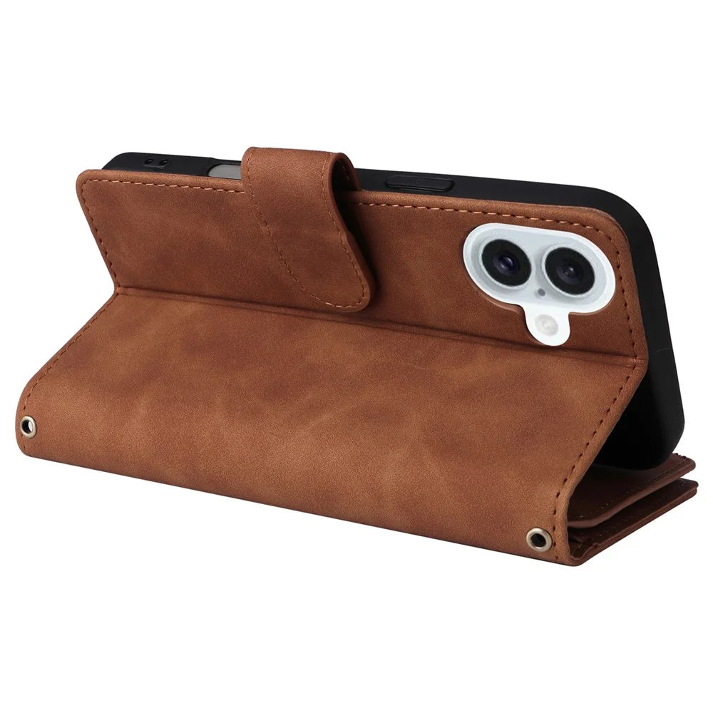 For iPhone 16 Plus Case Zipper Multi-Pocket Wallet Leather Phone Cover with Shoulder and Wrist Straps - Brown - 5