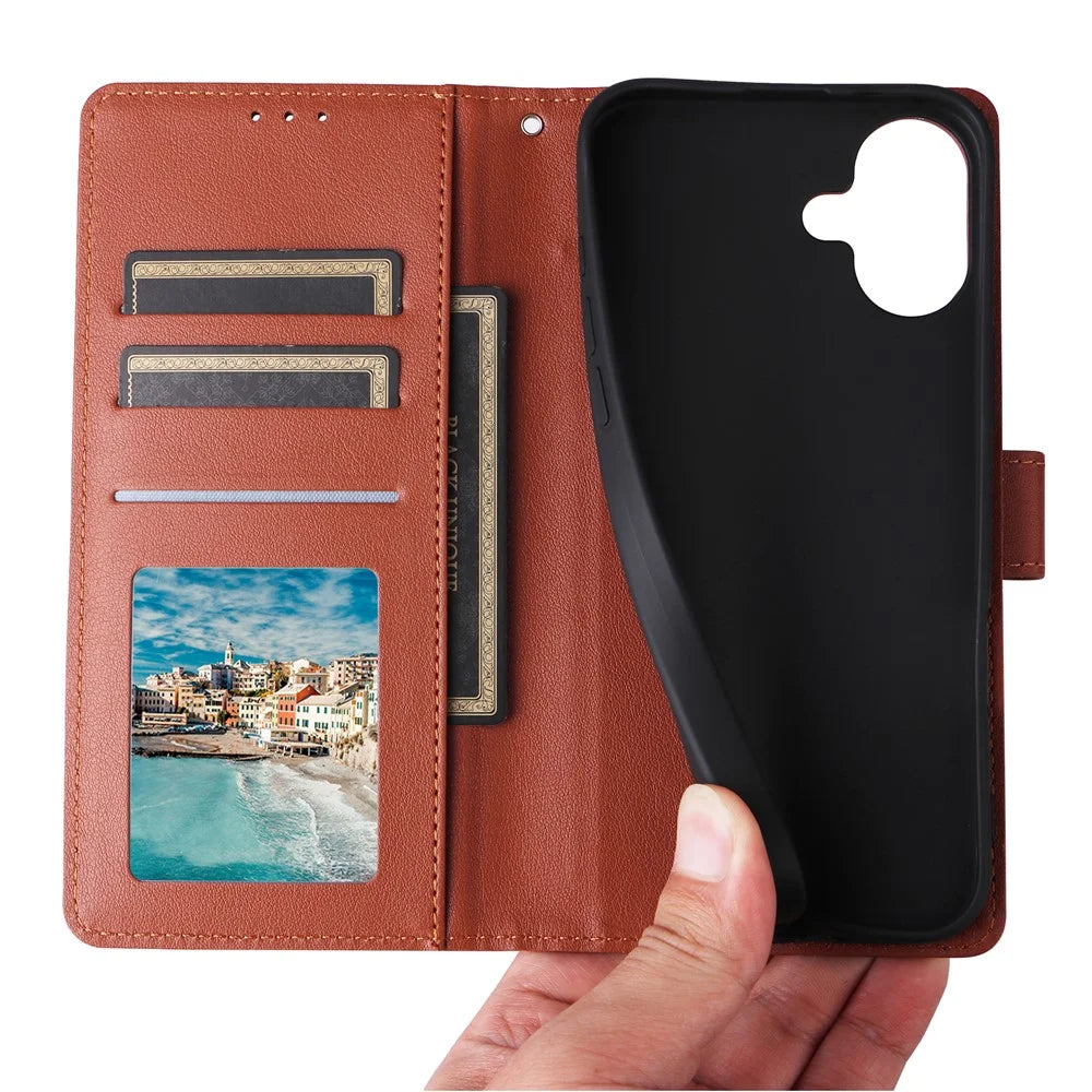 For iPhone 16 Wallet Case 3 Card Slots Slim-Fit PU Leather Stand Phone Cover - Brown - 6