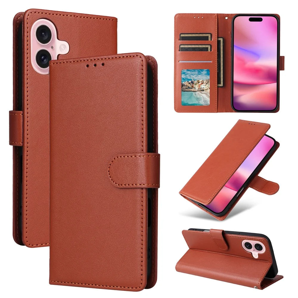 For iPhone 16 Wallet Case 3 Card Slots Slim-Fit PU Leather Stand Phone Cover - Brown - 7