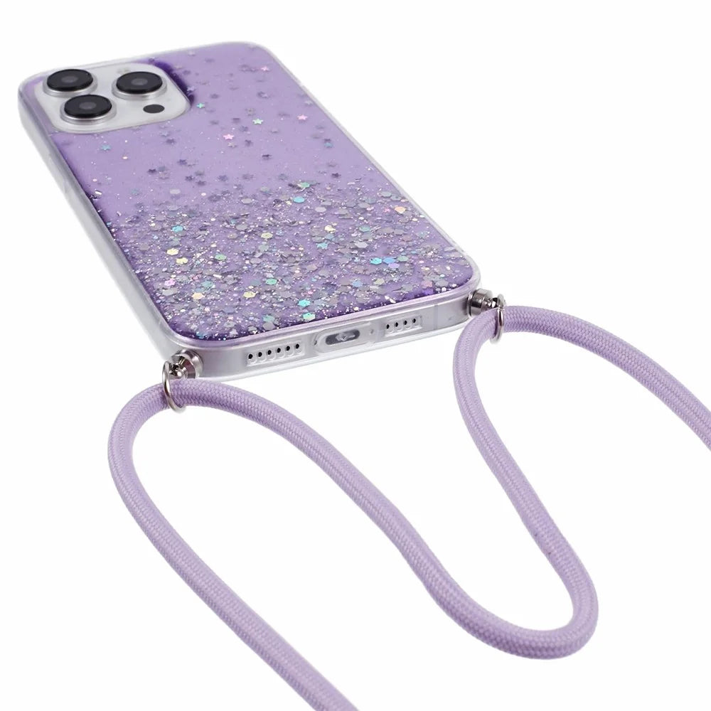 AW Series For iPhone 16 Pro Case Starry Epoxy TPU Shockproof Phone Cover with Lanyard - Purple - 3