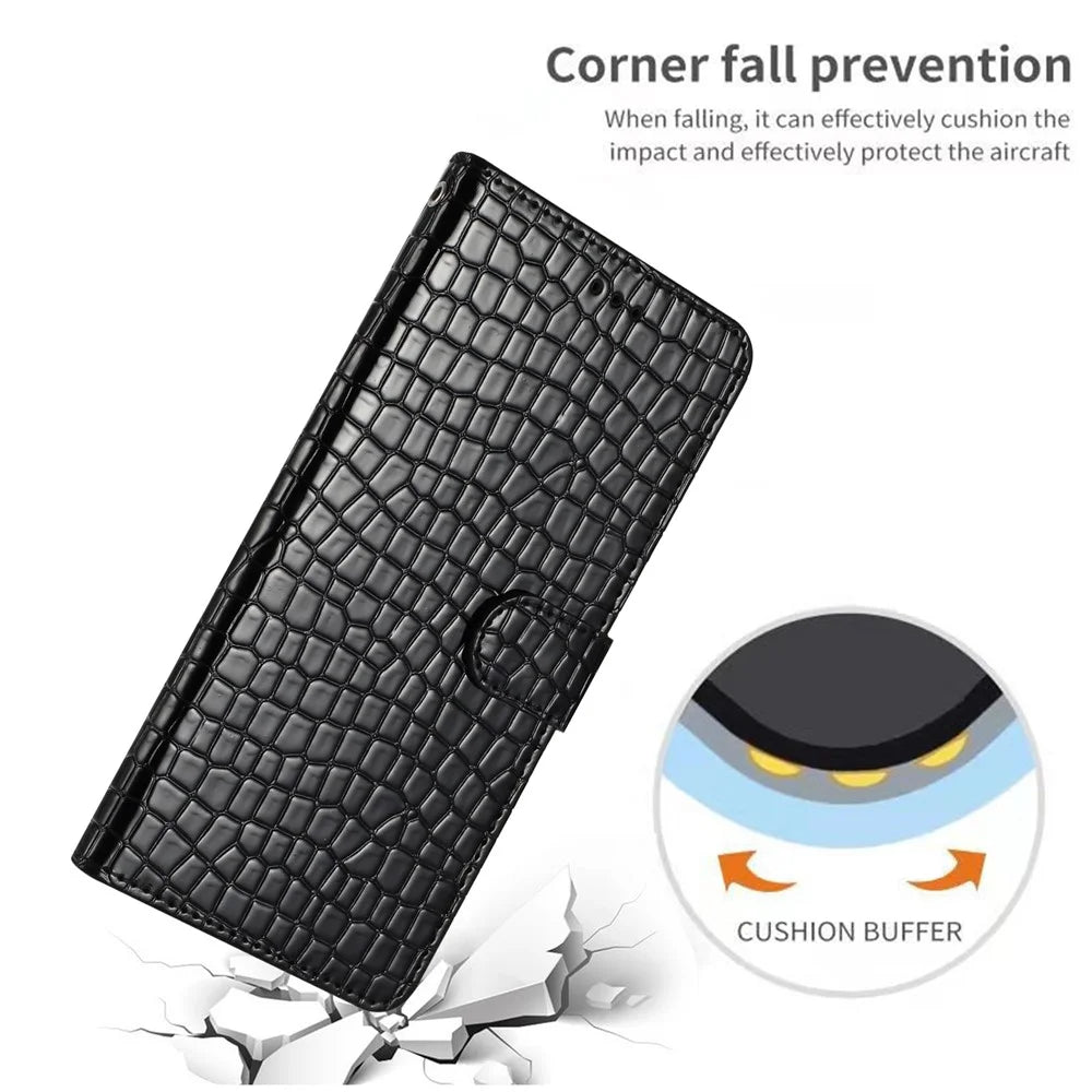 For iPhone 16 Plus Case Crocodile Texture Leather Phone Cover Card Slots Stand Function - Black - 4
