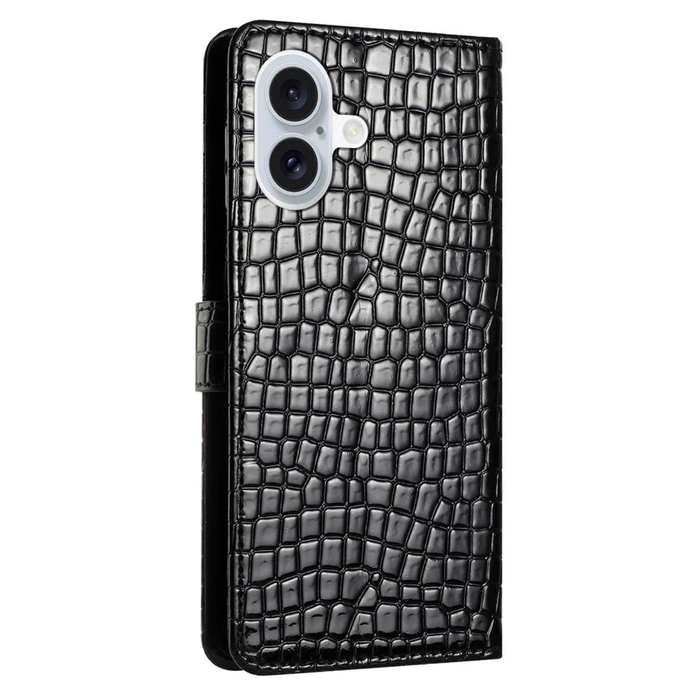 For iPhone 16 Plus Case Crocodile Texture Leather Phone Cover Card Slots Stand Function - Black - 7