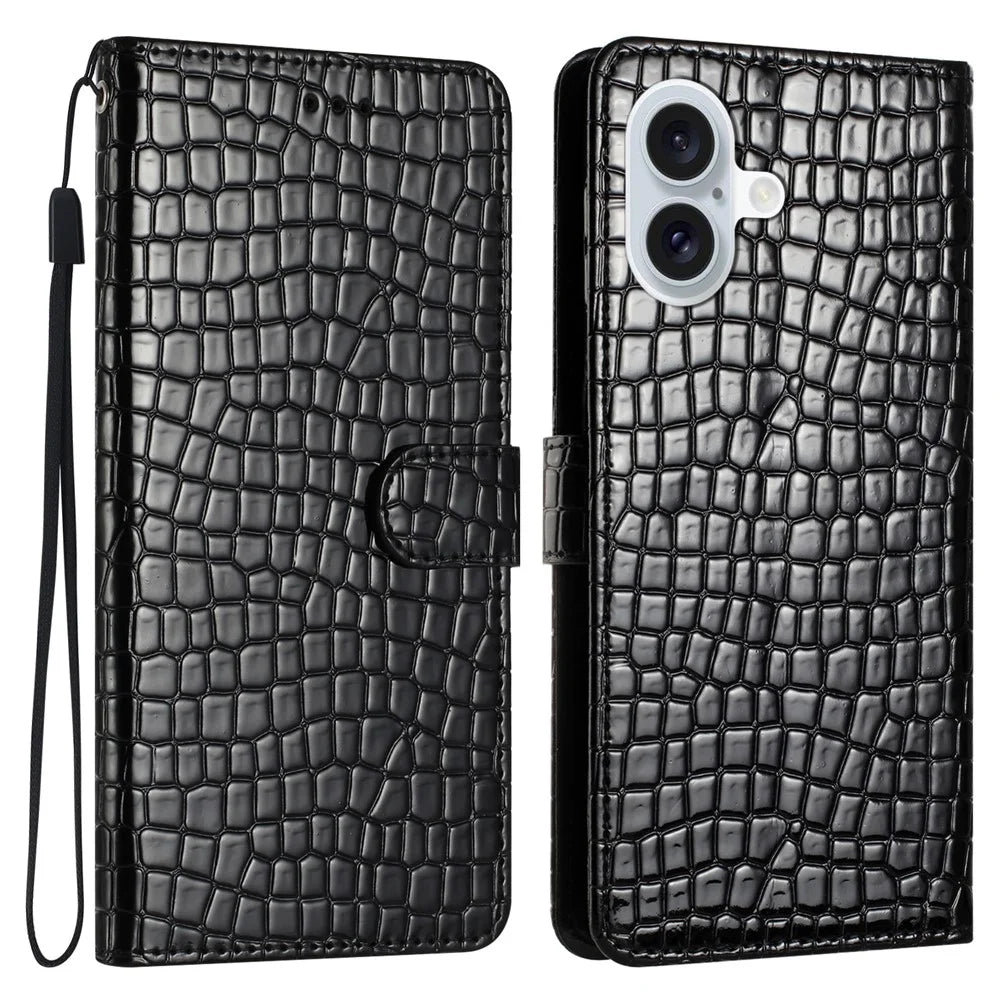 For iPhone 16 Case Flip Stand Leather Crocodile Texture Phone Cover - Black - 1