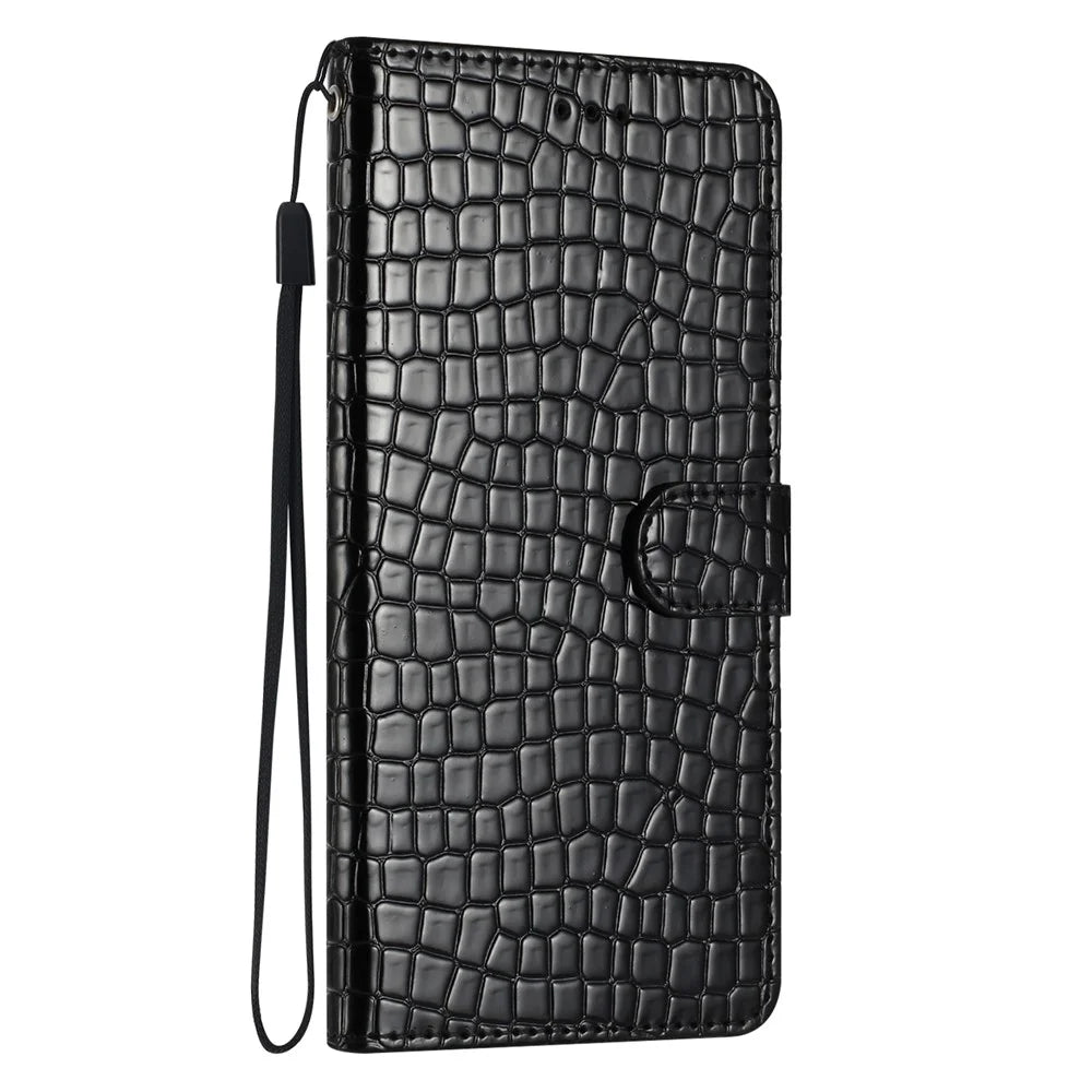 For iPhone 16 Case Flip Stand Leather Crocodile Texture Phone Cover - Black - 6