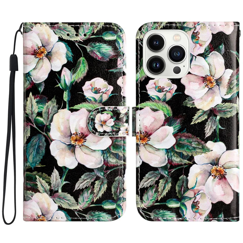 For iPhone 16 Pro Max Case Card Slot Holder Leather Phone Cover Cute Pattern - Magnolia - 1