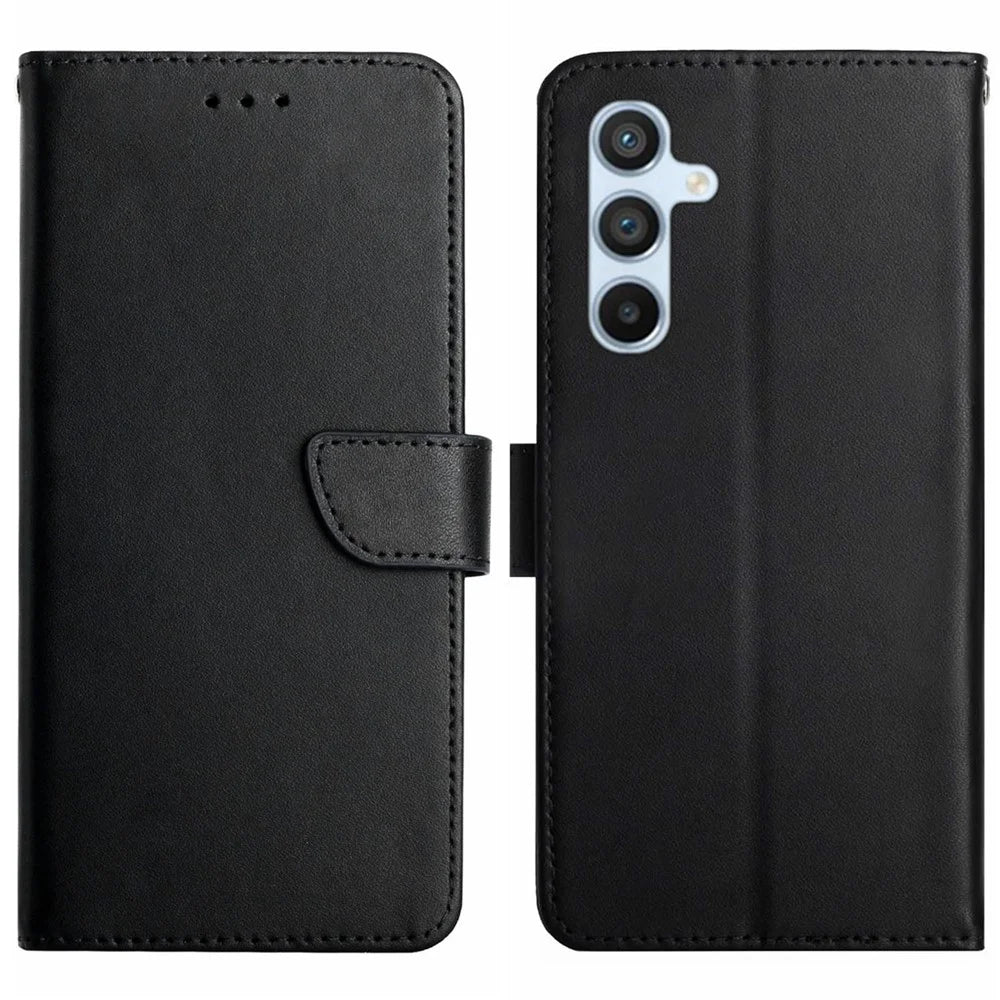 HT02 For Samsung Galaxy M35 5G Case Genuine Cow Leather Flip Wallet Phone Cover - Black - 1
