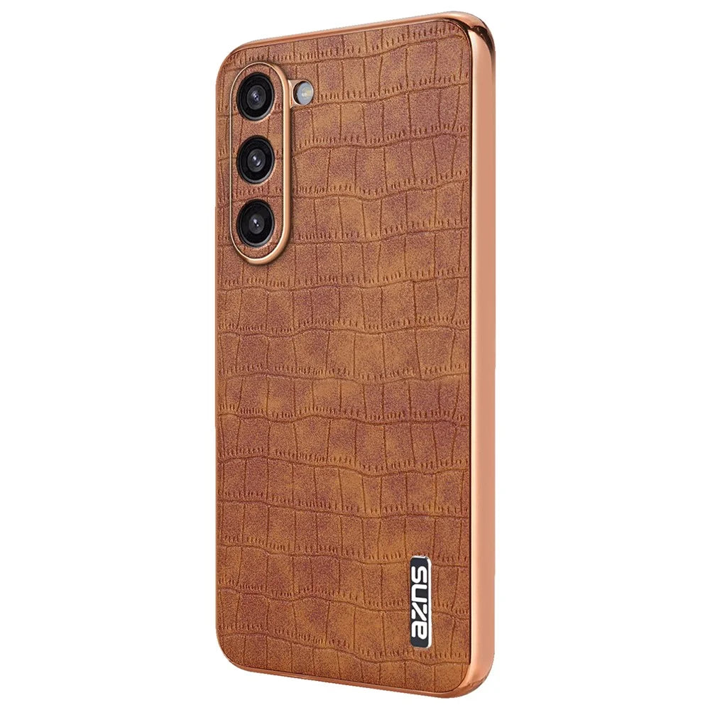AZNS For Samsung Galaxy S23 Case Crocodile Texture PU+TPU Electroplating Phone Cover - Brown - 1